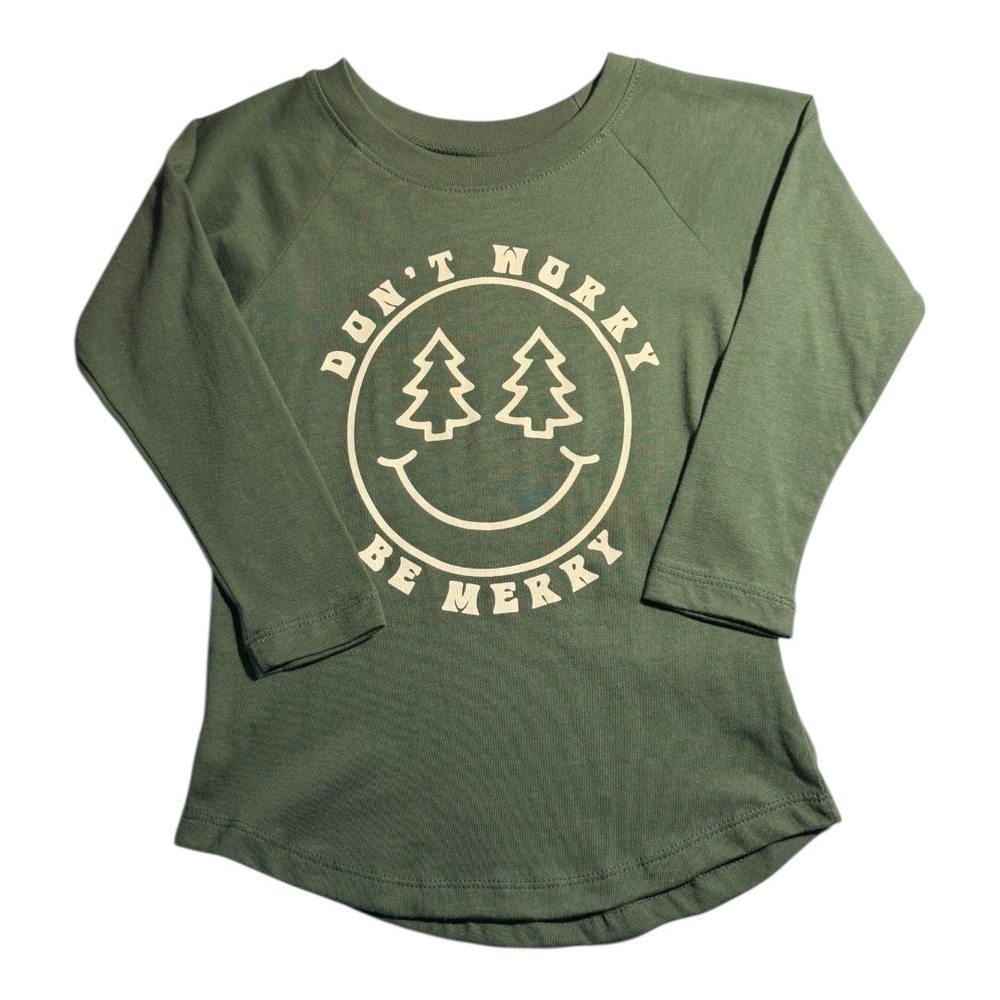 Tiny Whales Green Long Sleeve T Shirt Kids Size 3 Don't Worry Be Merry Trees